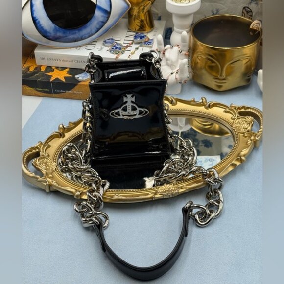 🆕 VIVIENNE WESTWOOD 🧿 NWOT Black Patent Leather Kelly Small Top Handle - AUTH - Picture 12 of 16